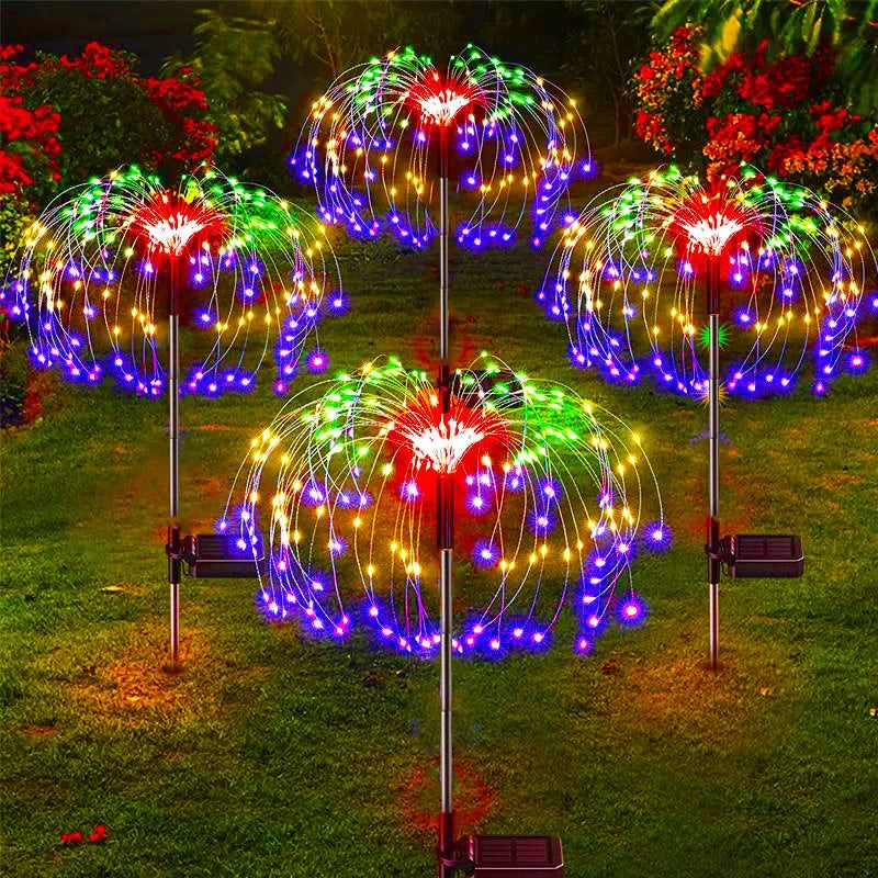Multicolour solar garden lights in an outdoor styling example. Three lights are included per set.
