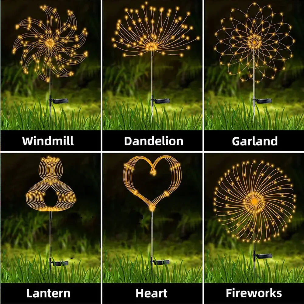 Shape ideas for the flexible solar light wires, including a starburst, heart and flower.